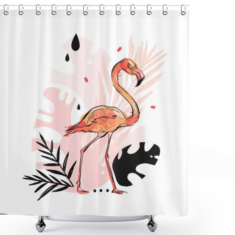 Personality  Hand Drawn Vector Abstract Graphic Freehand Textured Sketch Pink Flamingo And Tropical Palm Leaves Drawing Illustration Print With Modern Confetti Elements Isolated On White Background Shower Curtains