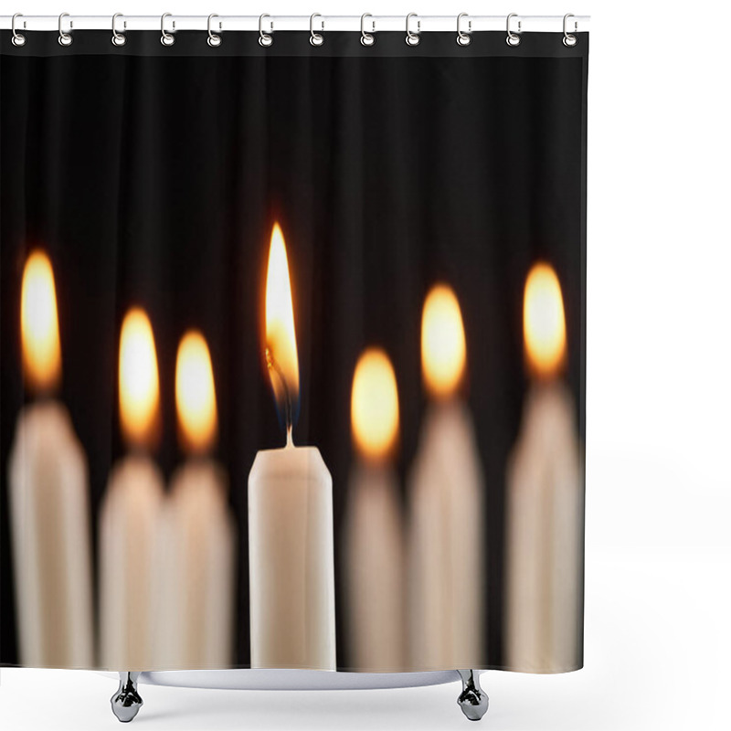 Personality  Selective Focus Of Burning White Candle Glowing Isolated On Black Shower Curtains