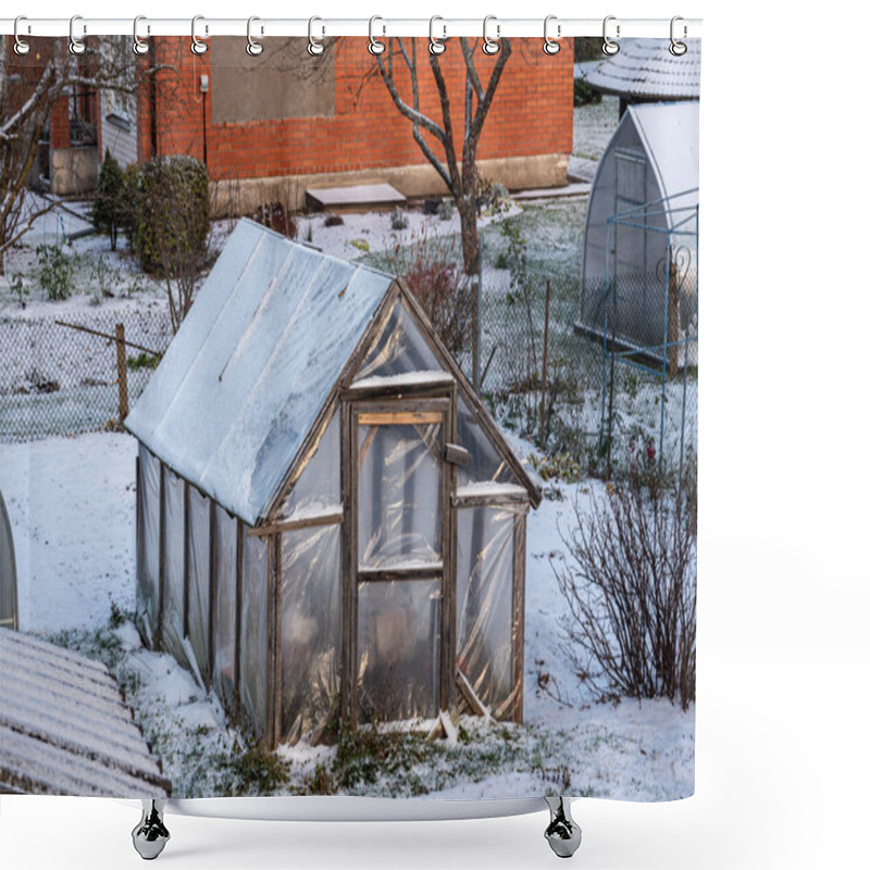 Personality  Landscape With A Simple Wooden Greenhouse, Beautiful Light On A Winter Day, Film Greenhouse In Winter Shower Curtains