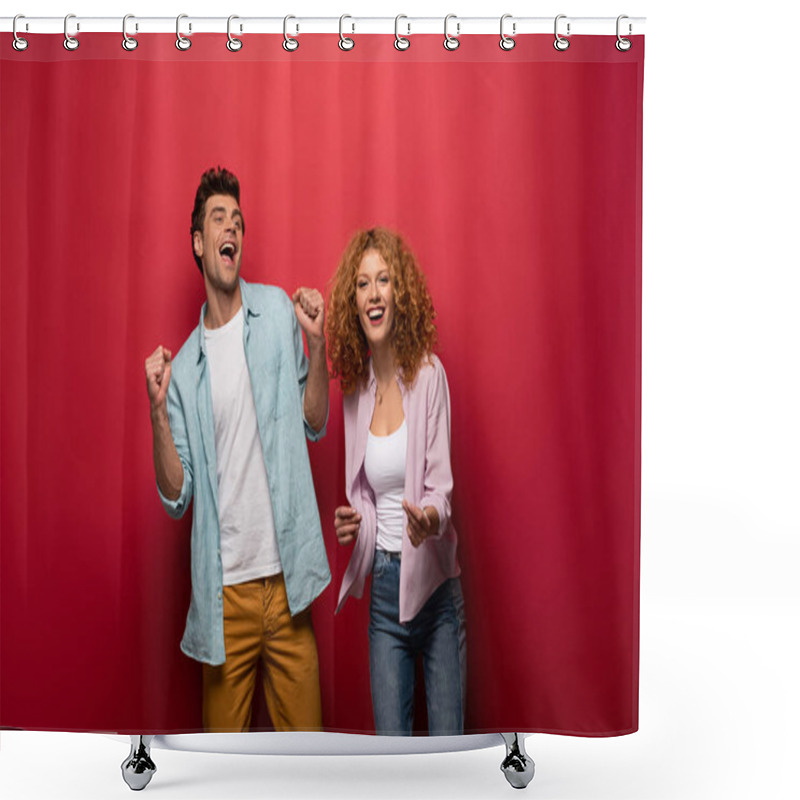 Personality  Beautiful Excited Couple In Casual Clothes Isolated On Red Shower Curtains