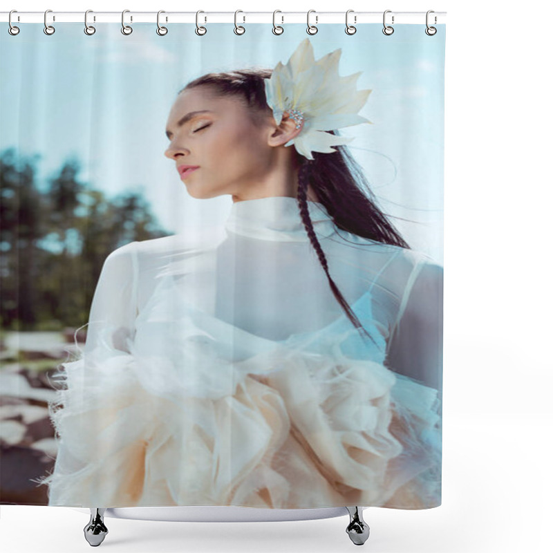 Personality  Low Angle View Of Tender Woman In White Swan Costume Standing On Forest And Beach Background Shower Curtains