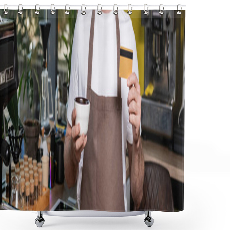 Personality  Cropped View Of Barista In Apron Holding Credit Card And Cup While Working In Coffee Shop, Banner Shower Curtains