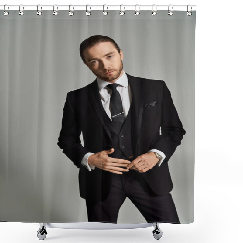 Personality  A Stylish Gentleman In A Suit And Tie Confidently Poses For A Portrait In A Studio Setting Against A Grey Background. Shower Curtains