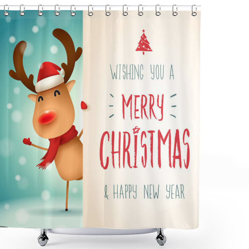 Personality  The Red-nosed Reindeer With Big Signboard. Merry Christmas Calligraphy Lettering Design. Creative Typography For Holiday Greeting. Shower Curtains