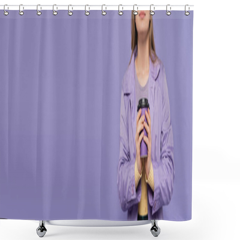 Personality  Cropped View Of Smiling Young Woman In Trench Coat Holding Paper Cup Isolated On Purple, Banner Shower Curtains