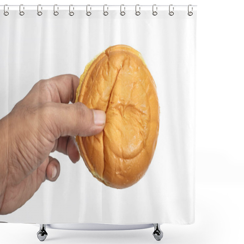 Personality  Closeup Of A Hand Holding A Freshly Baked Butter Bun, Set Against A Clean White Background. Perfect For Bakery Advertisements, Food Delivery Promotions. Shower Curtains