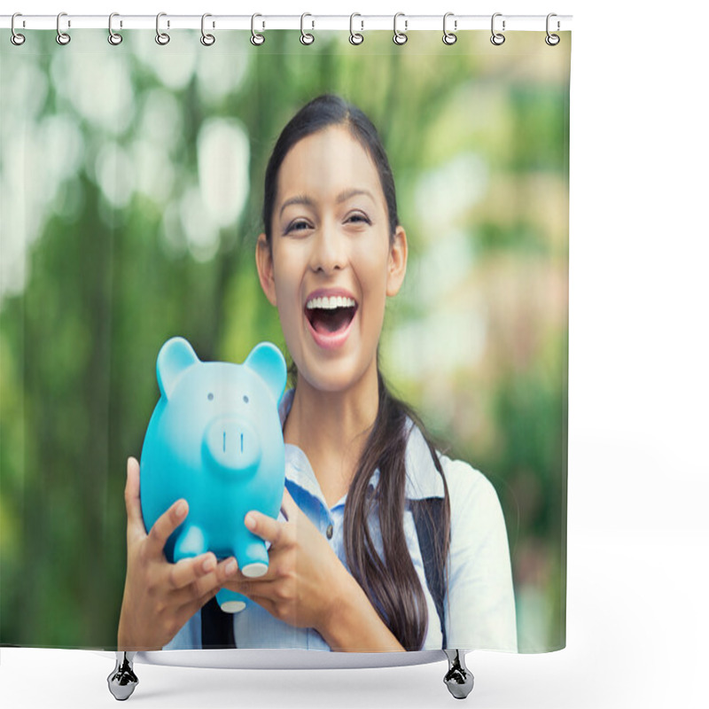 Personality  Happy Woman Holding Piggy Bank Shower Curtains