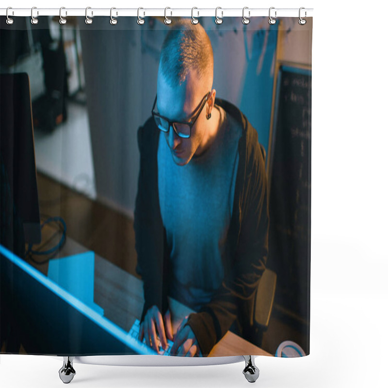 Personality  High Angle View Of Hacker Developing Malware In Dark Room Shower Curtains