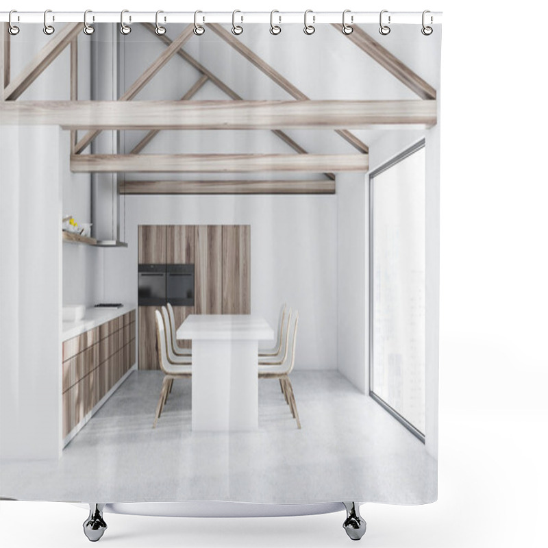 Personality  Attic Kitchen Interior With White Walls And Floor, Panoramic Windows And Wooden Countertops. 3d Rendering Mock Up Shower Curtains