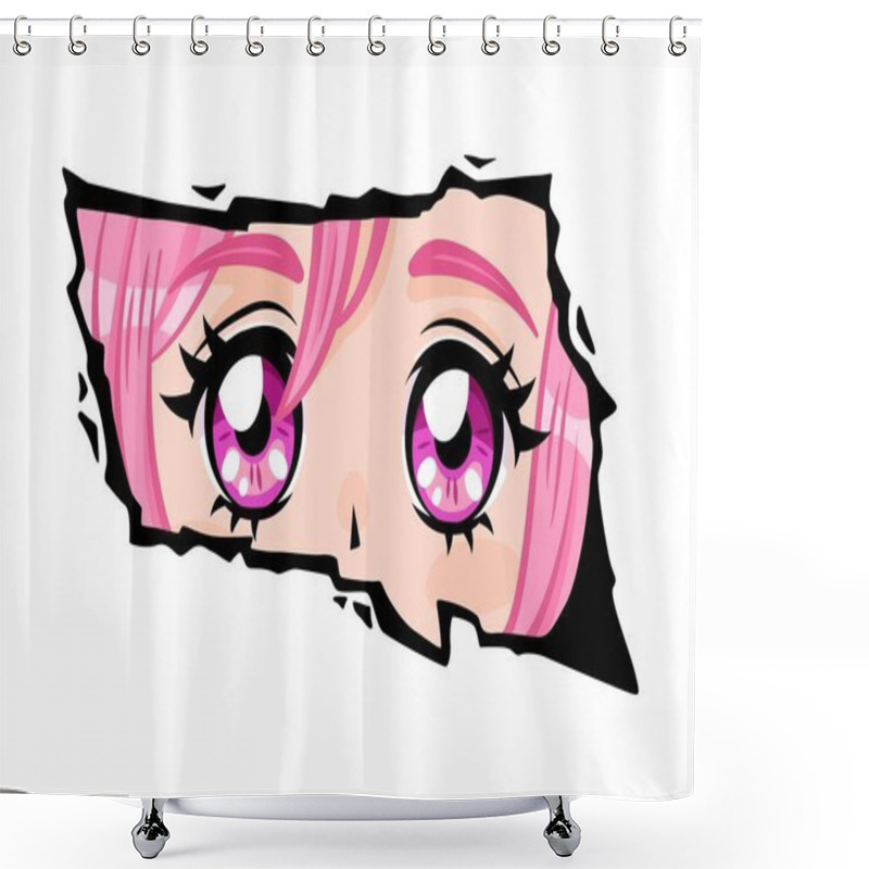 Personality  Anime Cute Girl With Pink Hair Looking From A Paper Tear. Shower Curtains