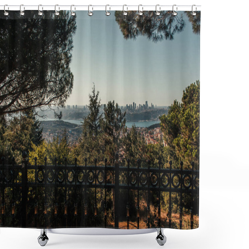 Personality  Fence, Green Trees, And City View With Bosphorus Strait Shower Curtains