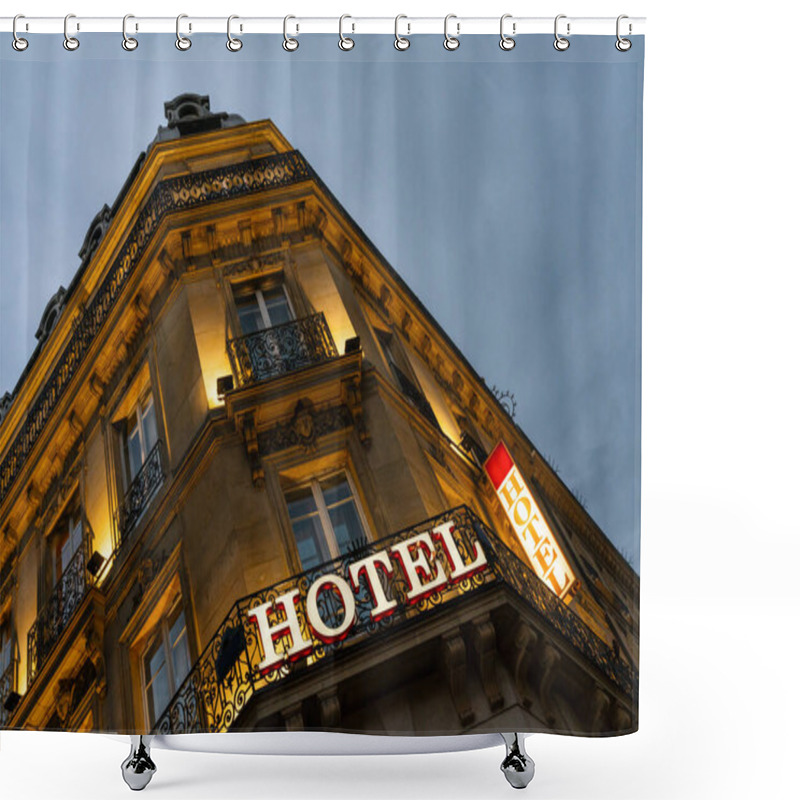 Personality  Lluminated Hotel Sign Taken In Paris At Night Shower Curtains