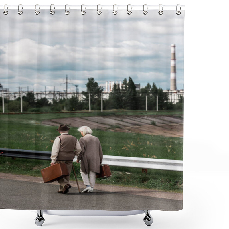 Personality  PRIPYAT, UKRAINE - AUGUST 15, 2019: Back View Of Senior Couple Walking With Baggage Near Chernobyl Nuclear Power Plant  Shower Curtains