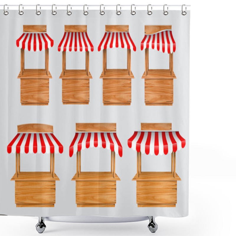 Personality  Set Of Awing With Wooden Market Stand Stall And Various Kiosk, With Red And White Striped Awning Isolated.   Shower Curtains