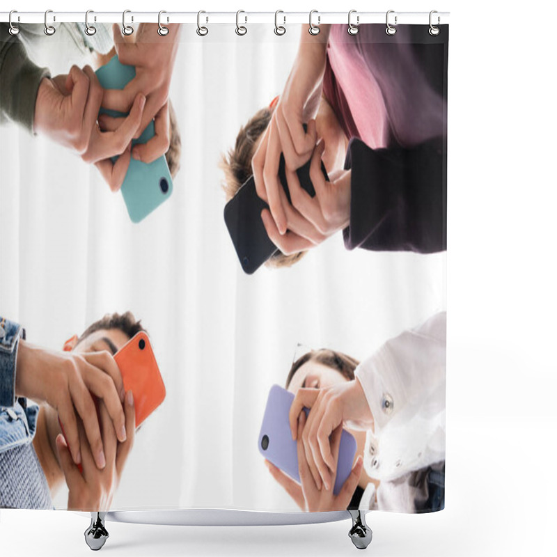 Personality  Low Angle View Of Teenager Group Using Phones. Digital Addiction And Concept. Shower Curtains