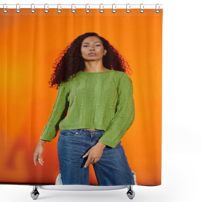 Personality  A Stylish Woman Confidently Poses In A Green Sweater Against An Orange Background. Shower Curtains