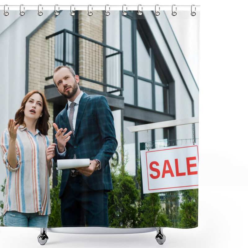 Personality  Handsome Broker Holding Clipboard And Gesturing Near Beautiful Woman And Board With Sale Letters  Shower Curtains