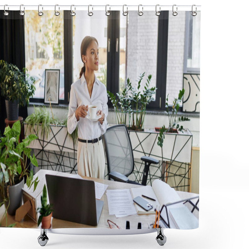 Personality  A Professional Young Woman In A White Shirt Stands With A Coffee Cup, Reflecting In Her Workspace. Shower Curtains