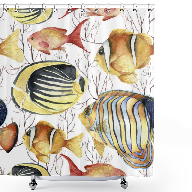 Personality  Watercolor Tropic Sea Pattern. Hand Painted Tropic Fish: Angelfish, Butterflyfish, Clownfish And Coral Isolated On White Background. Underwater Illustration. Shower Curtains