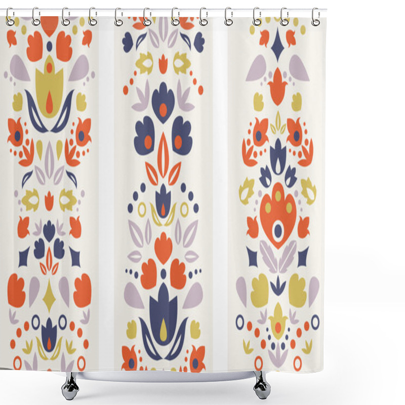 Personality  Three Ornamental Folk Tulips Vertical Seamless Patterns Shower Curtains