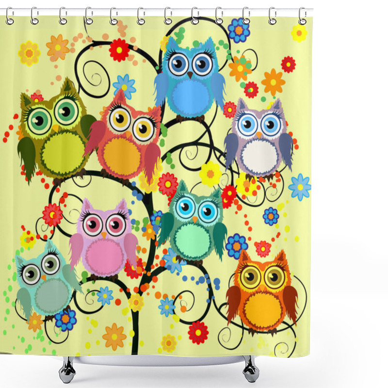 Personality  Bright Cute Cartoon Owls Sit On The Flowering Branches Of Fantastic Trees Shower Curtains