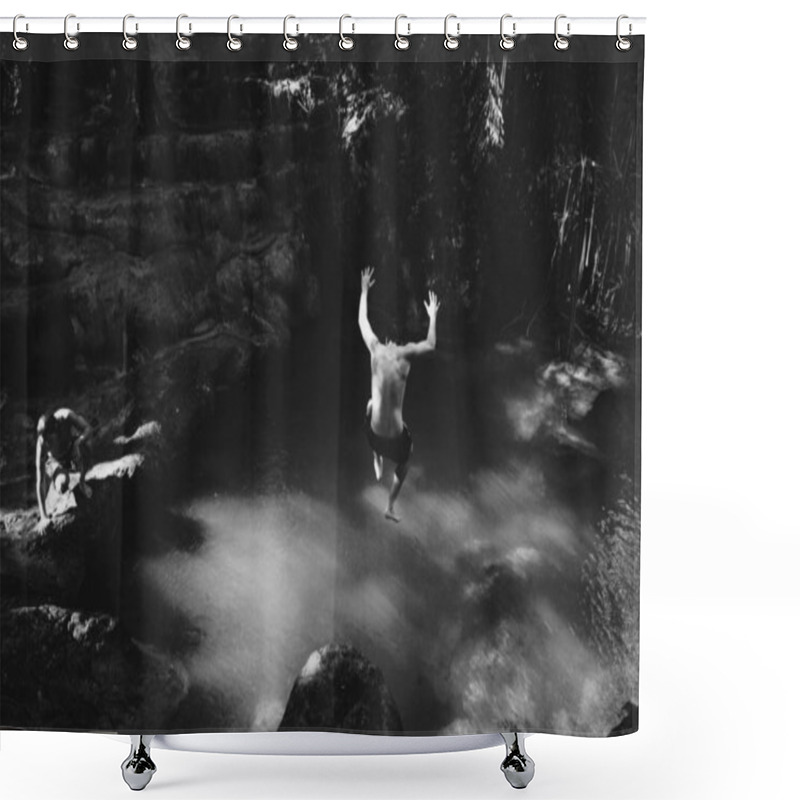 Personality  Man Jumping Into A Natural Pond Shower Curtains