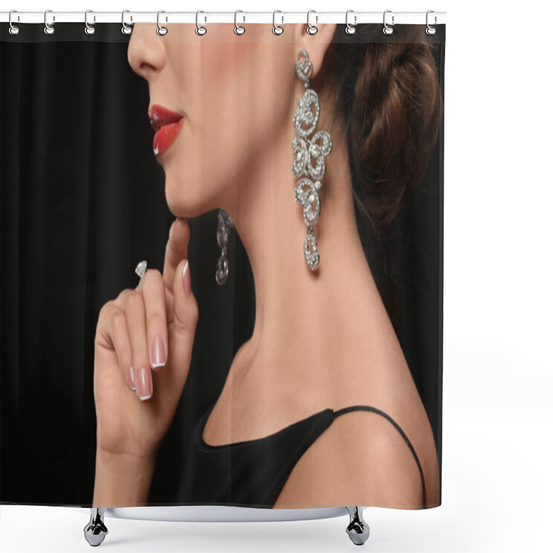 Personality  Beautiful Young Woman With Elegant Jewelry On Dark Background, Closeup Shower Curtains