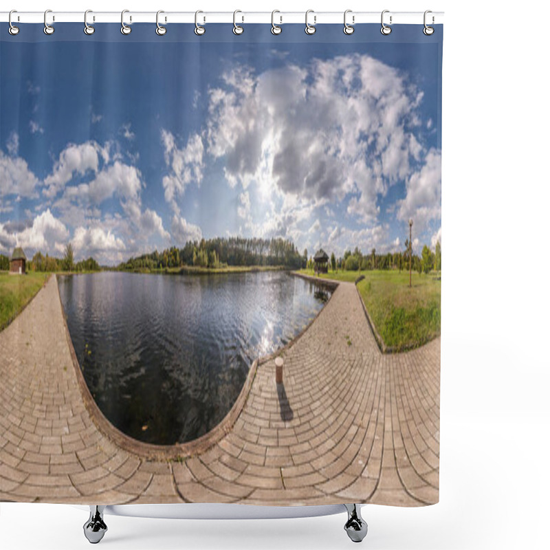 Personality  Full Seamless Spherical Hdri Panorama 360 Degrees  Angle View On Concrete Pier Of Lake Or River In Morning Or Sunset With Beautiful Clouds In Equirectangular Projection, VR Content Shower Curtains