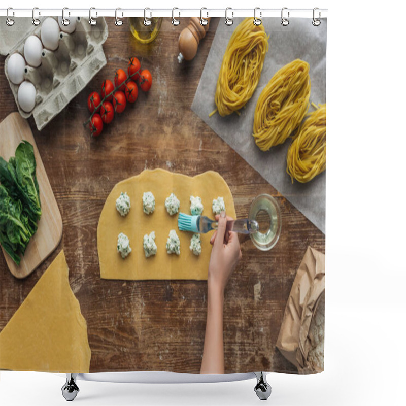 Personality  Top View Of Female Hands Oiling Dough For Ravioli With Basting Brush At Wooden Table Shower Curtains