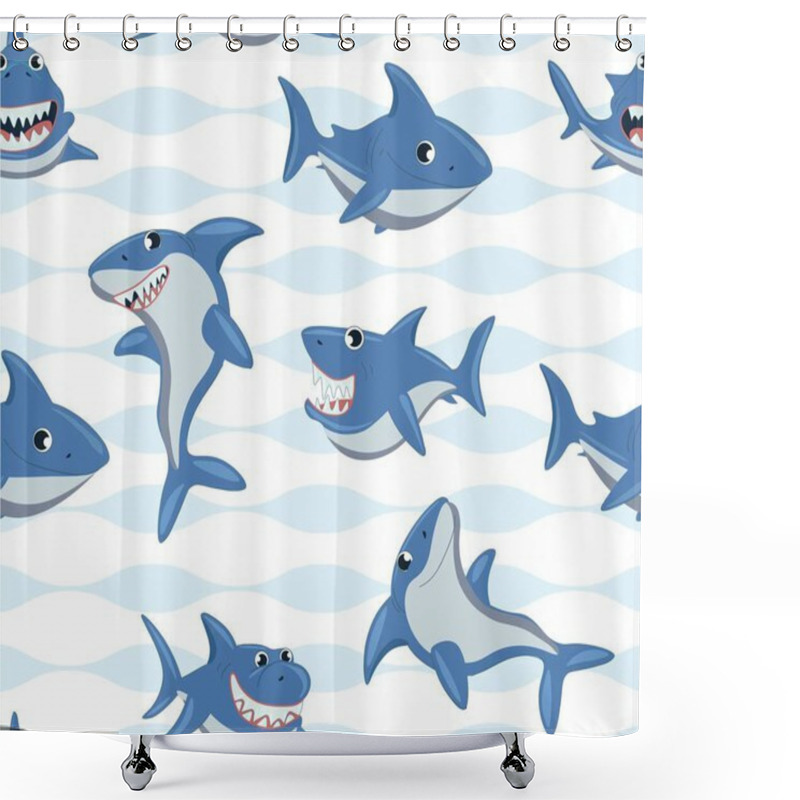 Personality  Sharks Seamless Pattern. Repeating Image For Printing On Bed Linen. Strong Childrens Characters, Representatives Of Underwater World. Dangerous Predator In Water. Cartoon Flat Vector Illustration Shower Curtains