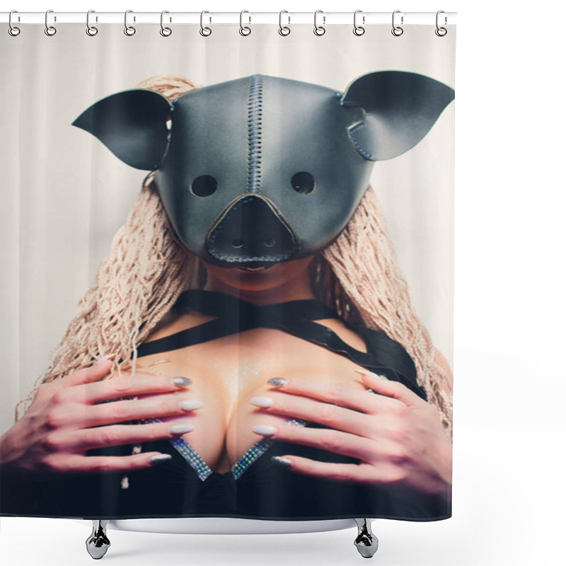 Personality  Swine Mascot Costume Dance Striptease Woman In Black Leather Pig Mask. Shower Curtains