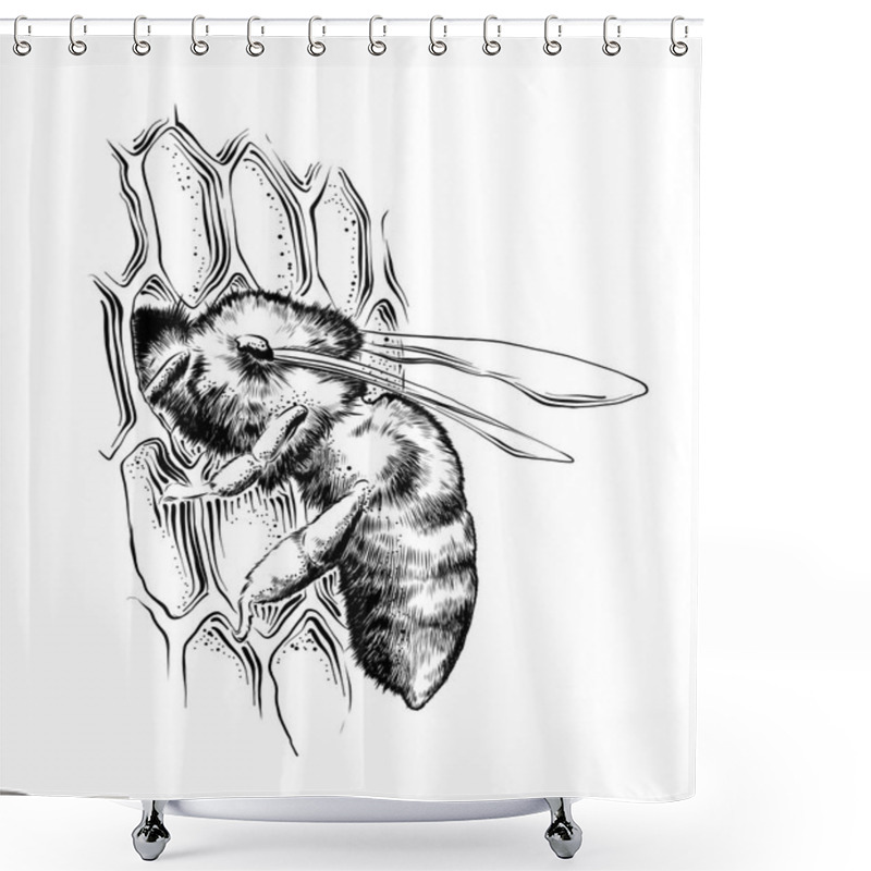 Personality  Vector Engraved Style Illustration For Posters, Decoration And Print. Hand Drawn Sketch Of Bee On Honeycombs In Black Isolated On White Background. Detailed Vintage Etching Style Drawing. Shower Curtains