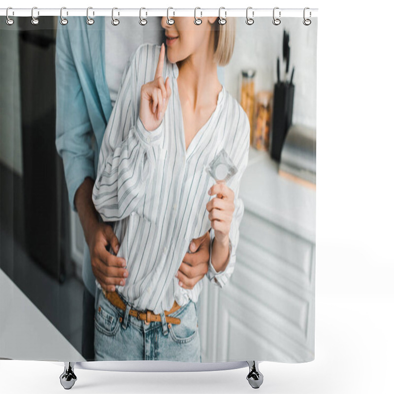 Personality  Cropped Image Of Girlfriend Showing Silence Gesture And Holding Condom In Kitchen Shower Curtains