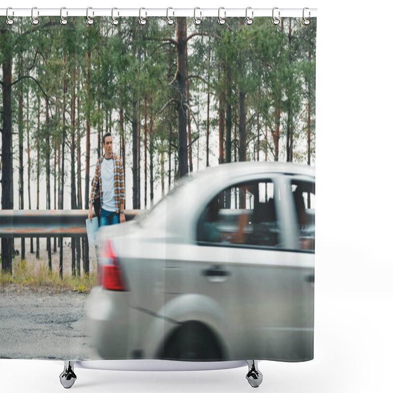 Personality  Tourist With Map Standing On Road With Riding Car Shower Curtains