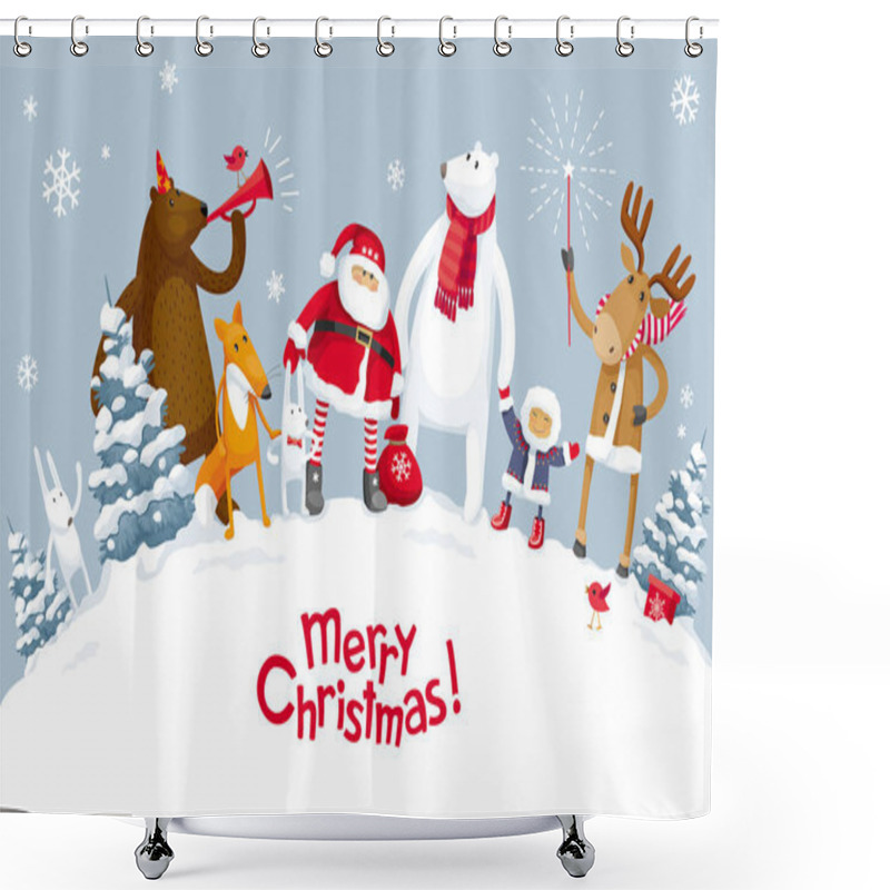 Personality  Merry Christmas Party In The Forest Shower Curtains