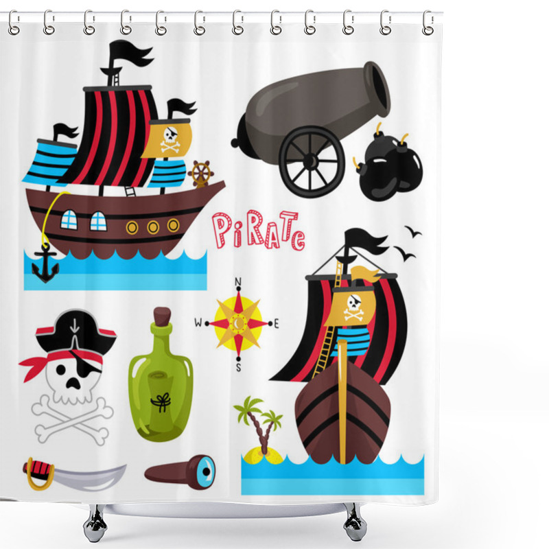 Personality  Funny Pirate Elements Isolated On White Background Shower Curtains