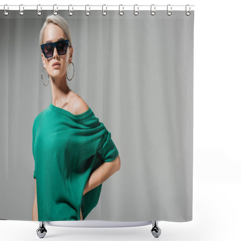 Personality  Attractive Female Model In Sunglasses And Green Sweater Posing With Hand On Waist Isolated On Grey Background  Shower Curtains