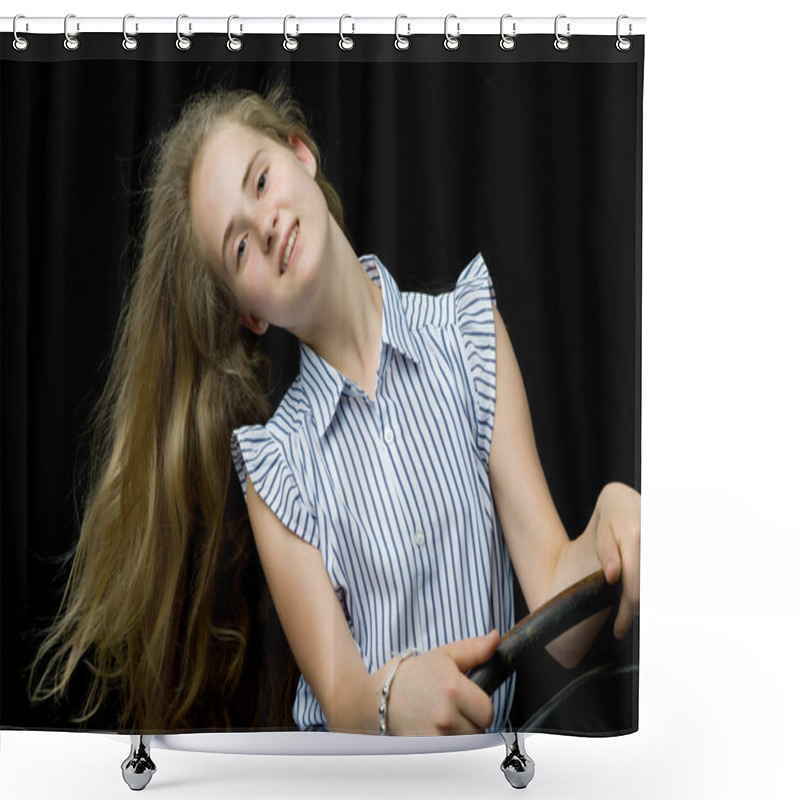 Personality  Schoolgirl Portrait Of Teenage Girl Close-up. Isolated Shower Curtains