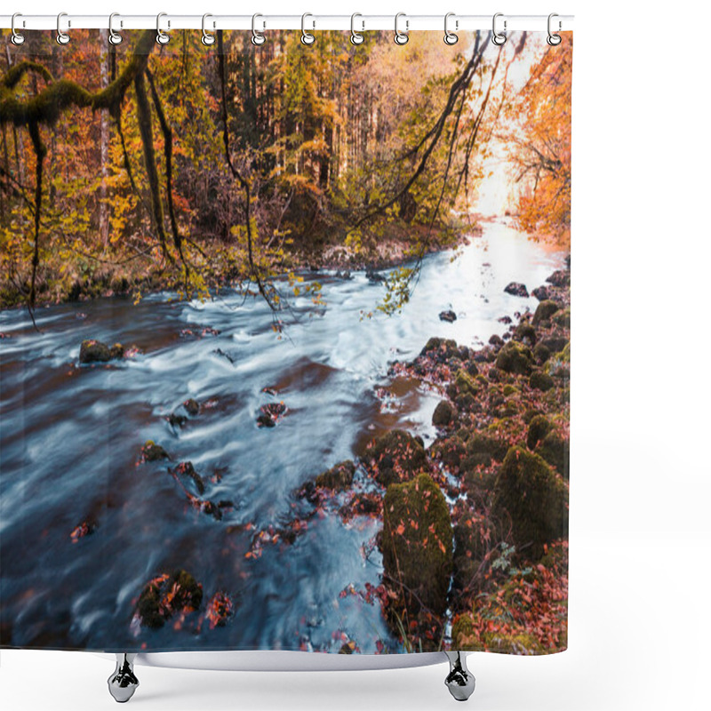 Personality  River Flowing Through Mossy Rocks In Park Forest With Autumn Foliage Shower Curtains