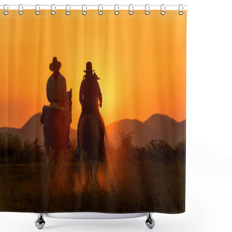 Personality  Cowboy Riding A Horse Carrying A Gun In Sunset With Mountain Shower Curtains