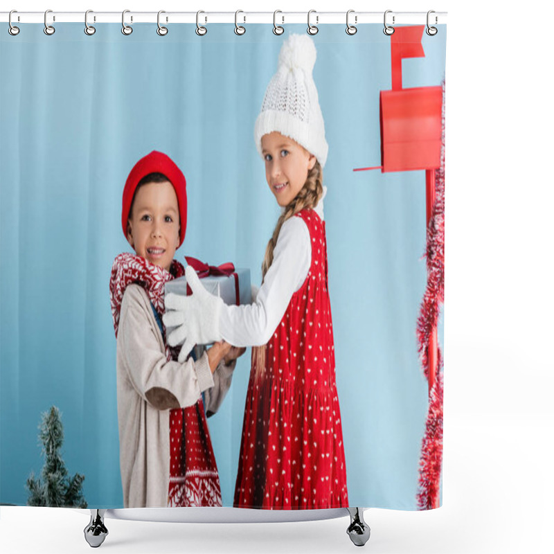 Personality  Sister And Brother In Winter Outfit Holding Present Near Mailbox On Blue Shower Curtains