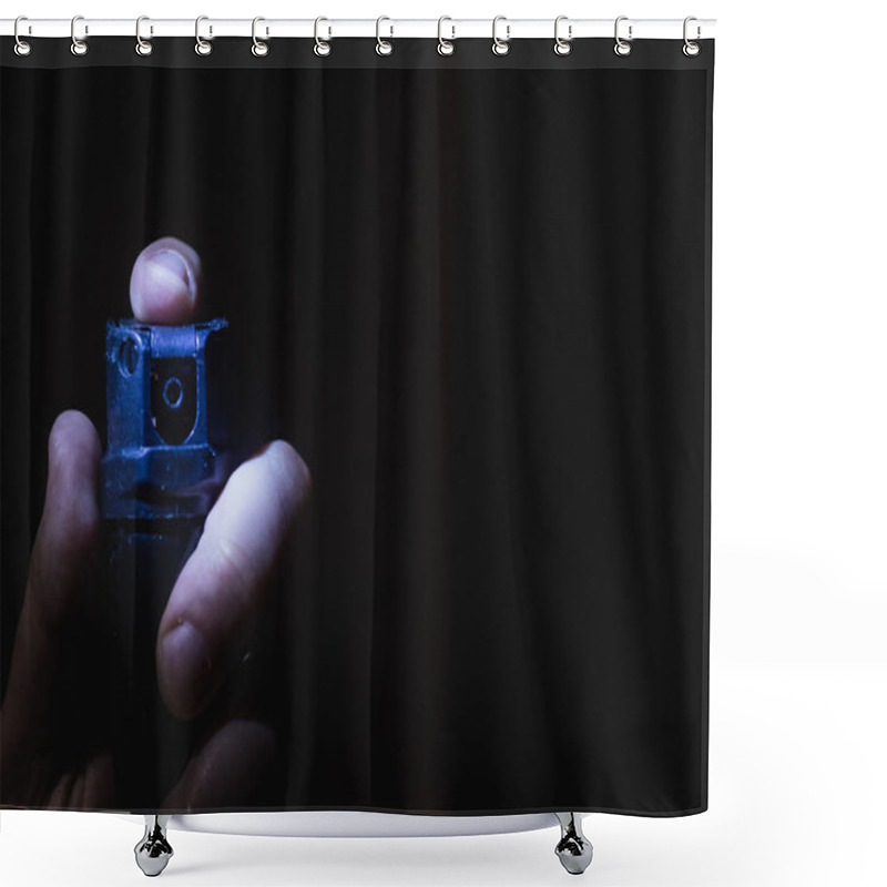 Personality  A Mans Hand Holds A Gas Pepper Spray In The Dark, A Black Backg Shower Curtains