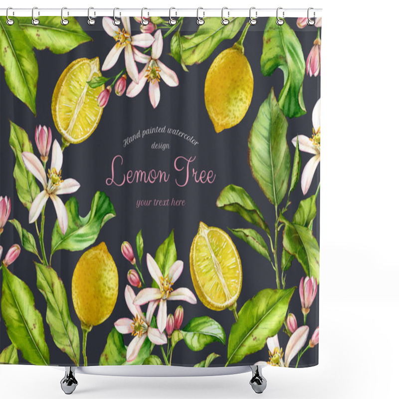 Personality  Watercolor Lemon Fruits. Floral Frame With Text On Dark Background. Citrus Tree Branches, Flowers, Leaves. Realistic Botanical Banner With Fresh Tropical Food. Horizontal Arrangement For Label Shower Curtains