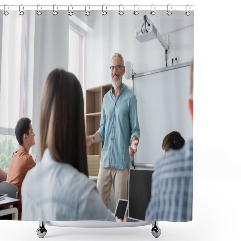 Personality  Positive Teacher Gesturing While Speaking Near Teenagers During Lesson In School Shower Curtains