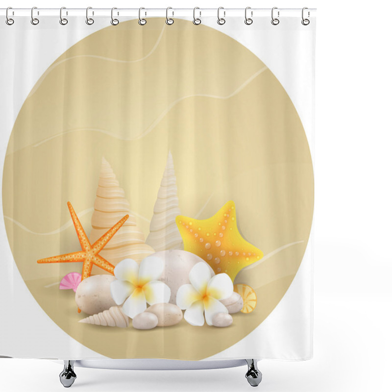 Personality  Round Background With Pebbles, Starfishes And Flowers Shower Curtains