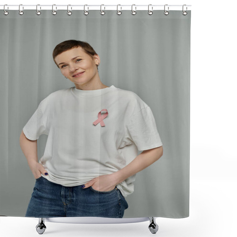 Personality  A Woman With Short Hair And A Pink Ribbon On Her Shirt Stands Against A Grey Background. Shower Curtains