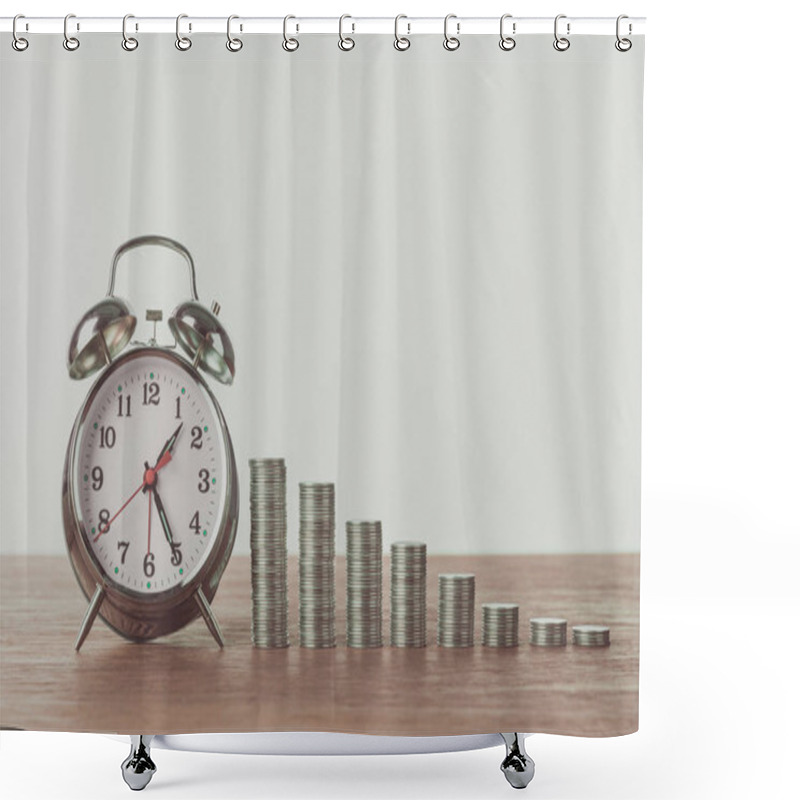 Personality  Alarm Clock And Stacks Of Coins On Wooden Table, Saving Concept Shower Curtains