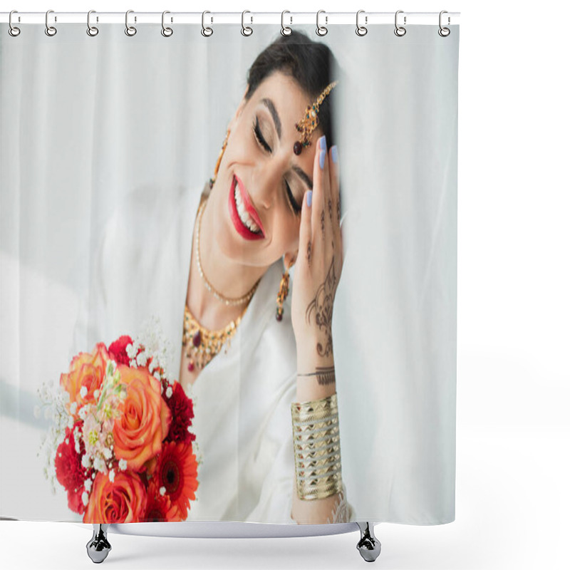 Personality  Young Joyful Indian Bride With Mehndi Holding Bouquet Of Flowers On White Shower Curtains