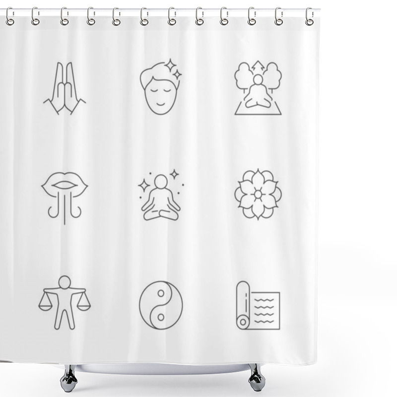 Personality  Set Line Icons Of Meditation Isolated On White. Mat, Balance, Brathing, Pray, Yin Yang, Yoga, Asana, Enlightenment, Wellness, Mandala, Relaxation, Lotus Pose, Zen. Vector Illustration Shower Curtains