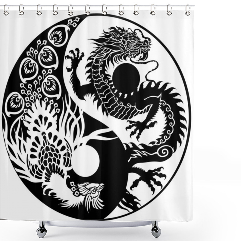 Personality  Chinese Dragon And Phoenix Feng Huang In The Yin-yang Symbol. Silhouettes. Traditional Mythological Creatures Of Chine. Tattoo.Celestial Feng Shui Animals. Graphic Style Vector Illustration Shower Curtains